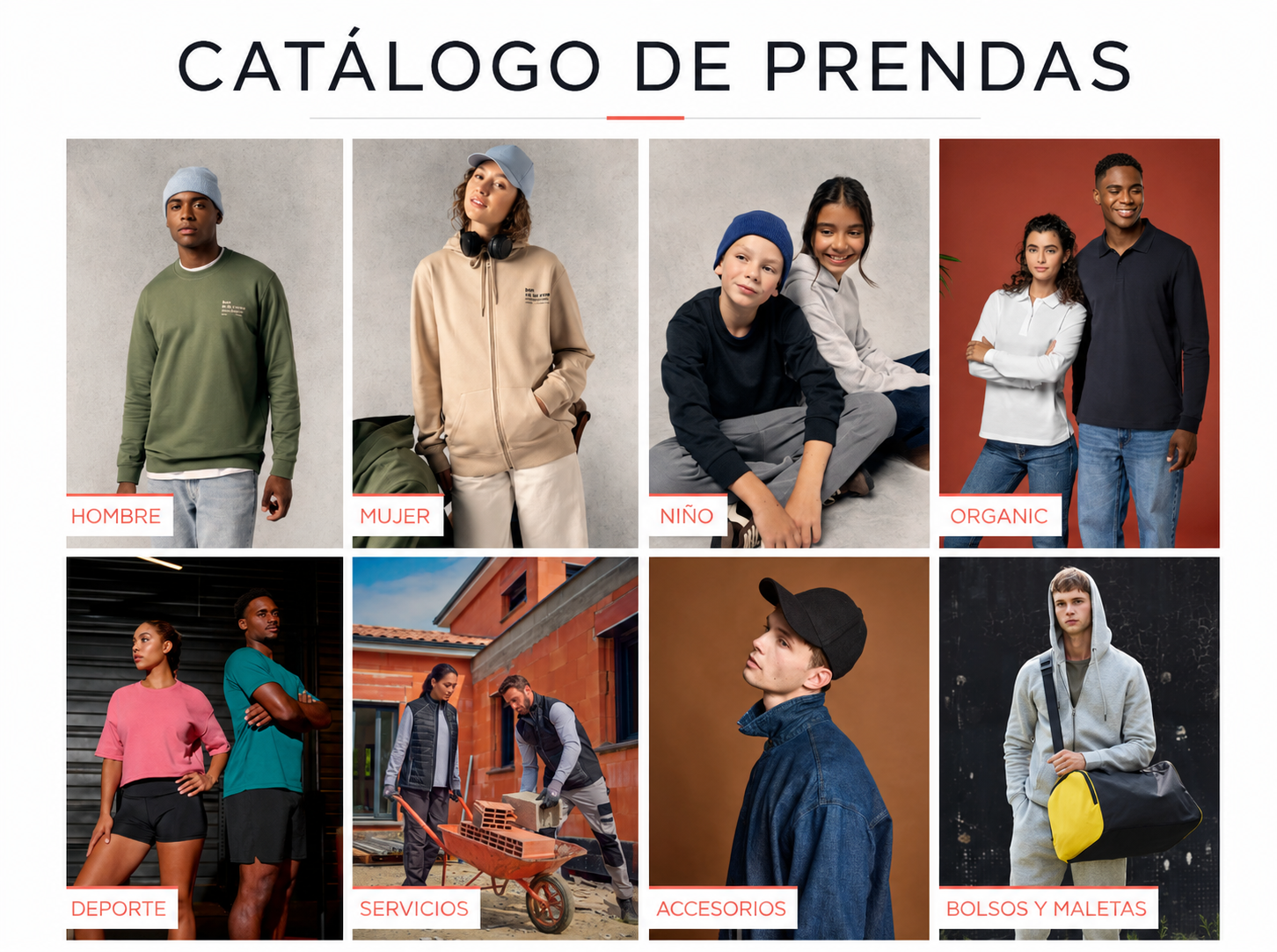 Descubre nuestra selección de prendas, accesorios y artículos personalizables para empresas, grupos, eventos, colegios y marcas. Elige el producto que mejor encaja con tu proyecto y combínalo con bordado, serigrafía, DTF, grabado láser, impresión UV o rotulación.